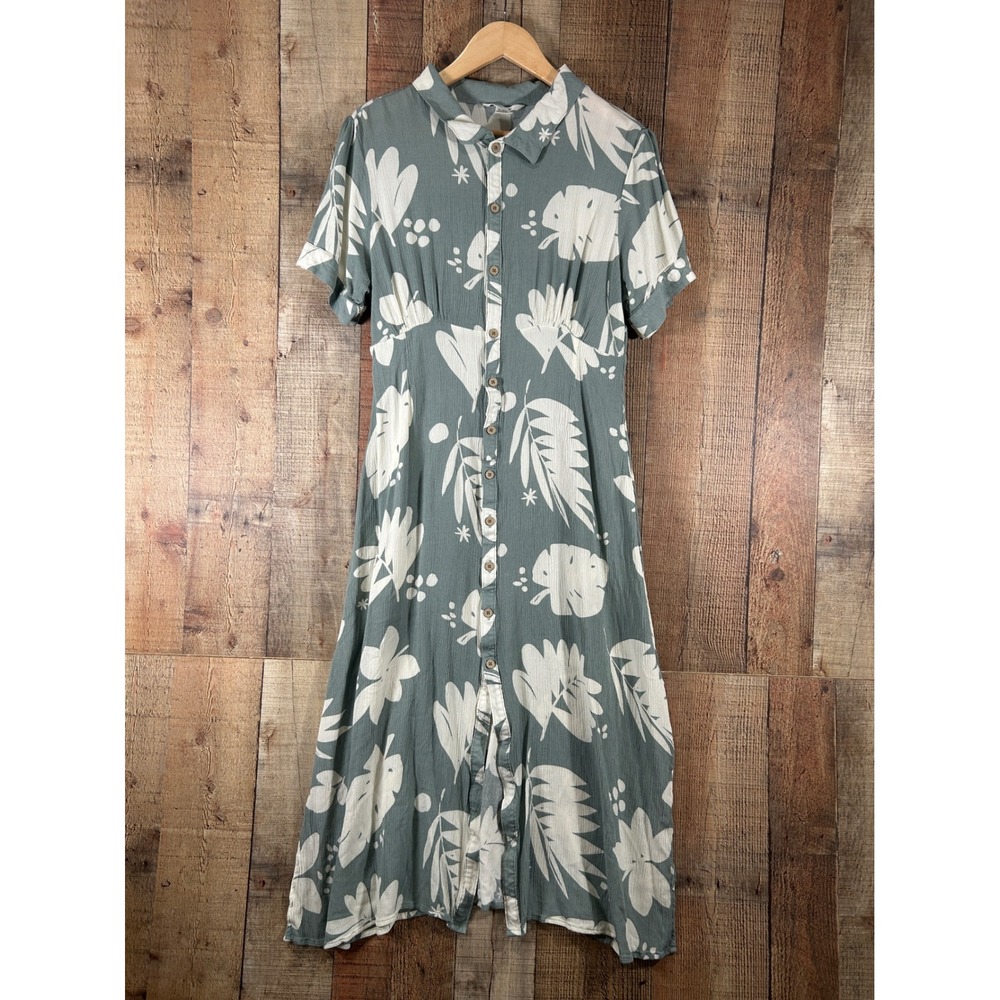 O'Neill Sage Green Tropical Midi Maxi Dress Button Front XL Surfer Beach Viscose